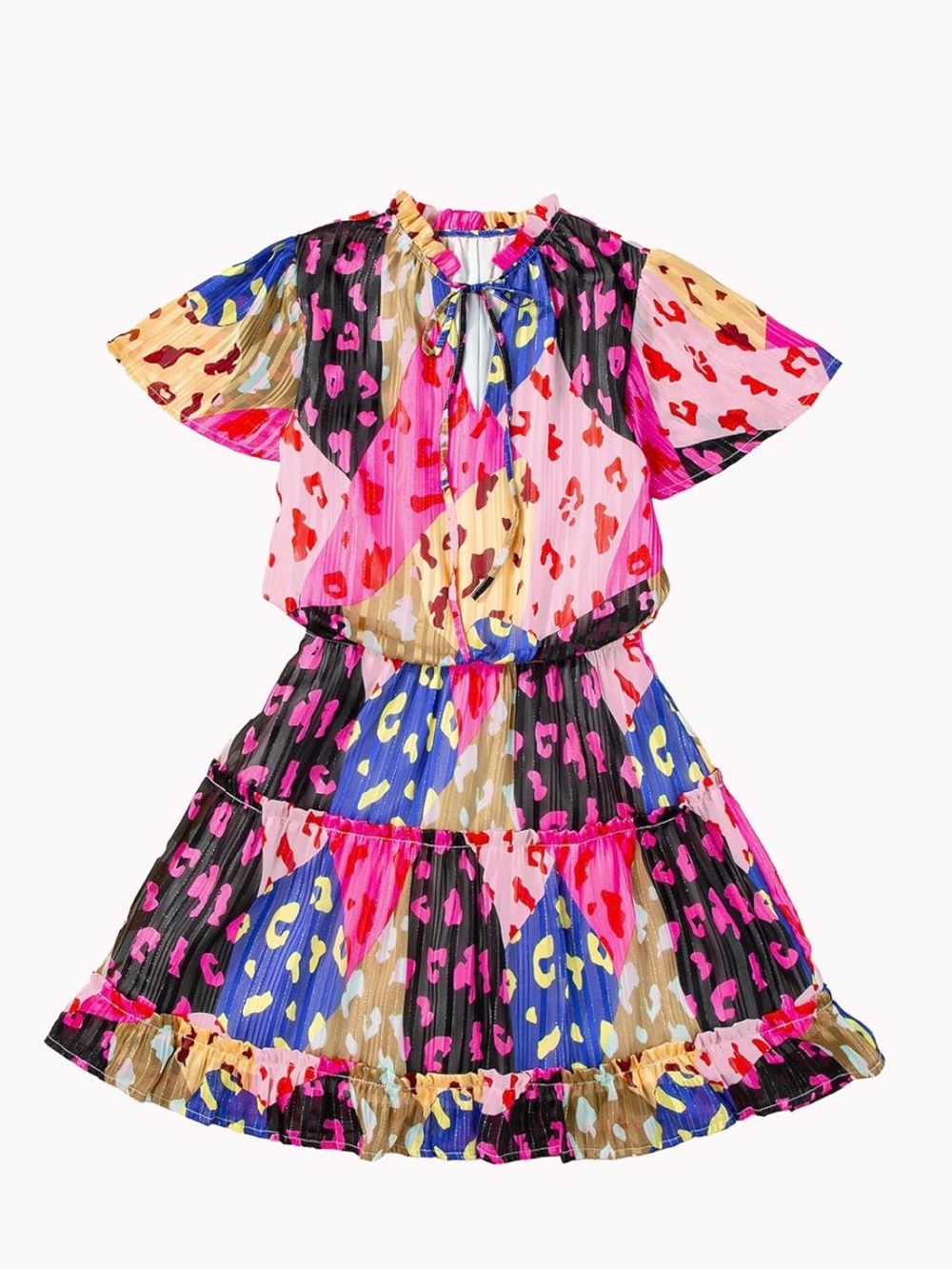 Vibrant Multi-Color Leopard Print Ruffle Mini Dress - Picture 2 of 7